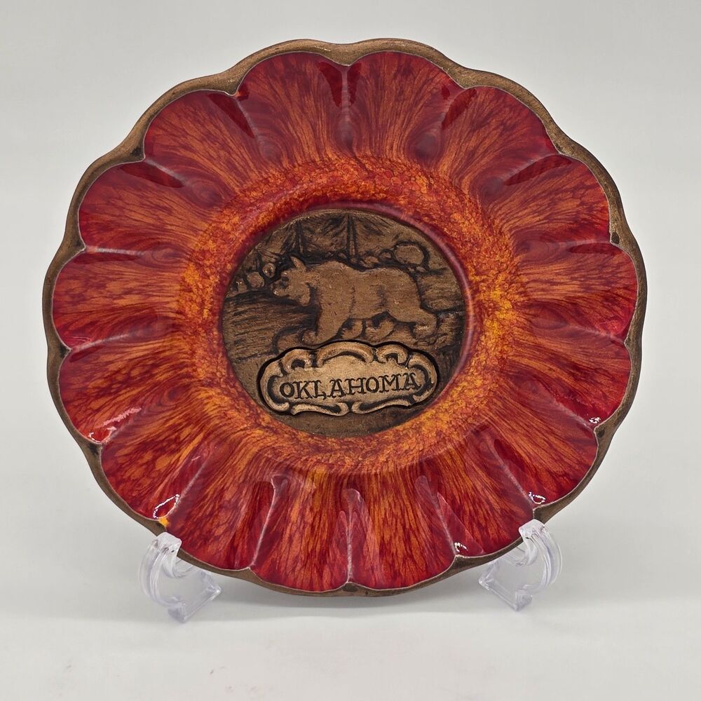 Vintage Treasure Craft Oklahoma Souvenir Dish Red Orange Bear